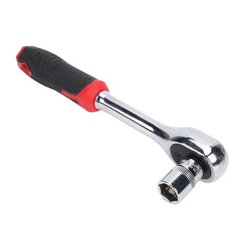 Three Eighth Inch Drive Socket Wrench with black and red handle on white background, part of 64 Piece Beast Heavy Duty Steel Automotive Tool Kit