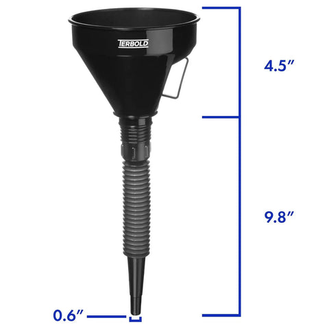 Black funnel from Color Coded Automotive Flex Funnel Kit With Hose And Mesh Filter 2 Pack, shown with size dimensions.