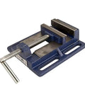 Rock Solid Drill Press Vise With Four Inch Jaw Width and Heavy Duty Clamping Force, showing sturdy blue cast iron build and pivot handle.