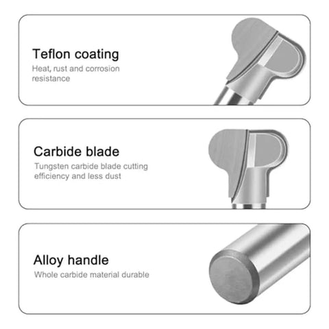 Heavy Duty 1/2 Inch Pull Router Bit For Woodworking With 12Mm Shank showcasing Teflon coating, carbide blade, and alloy handle.