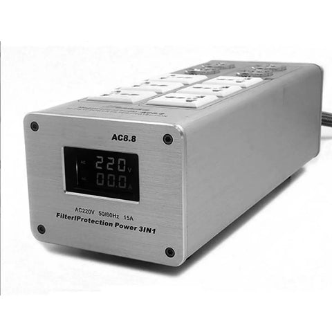 Kill The Hiss For Good With This Advanced Audio Video Power Purifier And Line Conditioner, silver housing with LCD voltage display.