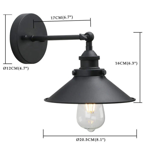 Industrial Wall Sconce Set With Vintage Vibe, 1 Light, Black Metal Shade, 8.1 Inch Diameter, E26 Base, shown from the side