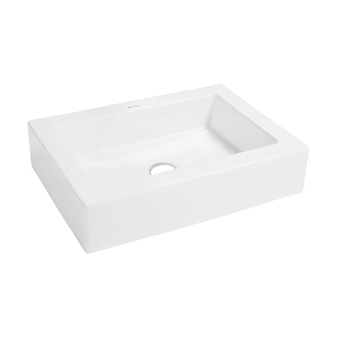 Plaisir Ceramic Rectangular Vessel Sink For Bathroom Vanity In Glossy White Slick Above Counter Install, Scratch Resistant Porcelain Non Porous Finish