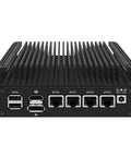 Back view of Zero Fuss Silent Fanless Firewall Mini PC with ports and heatsinks, showcasing connectivity options for soft router setup.