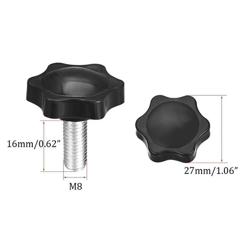 M8 X 16Mm Plastic Clamping Knobs And Thumb Screws 20 Pack showing black star handles and screws for tool-free adjustments.