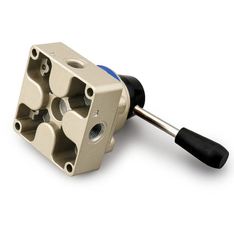 Pneumatic Hands-On Lever Valve With Rotary Positioner For Manual Control, Three Position Four Way Valve With Quarter Inch Ports, Mid Closed Logic