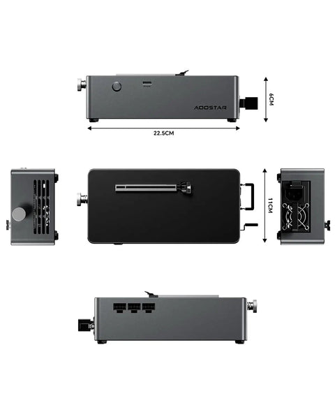 Heavy Duty Oculink Egpu Docking Station Featuring Rock Solid 800W Power Supply, side and top views showing dimensions and connectors.