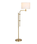 Height Adjustable Floor Lamp With Dope Fabric Drum Shade In Brass White Finish For Living Room Industrial Style Steel Frame