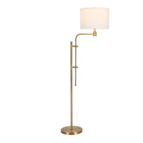 Height Adjustable Floor Lamp With Dope Fabric Drum Shade In Brass White Finish For Living Room Industrial Style Steel Frame