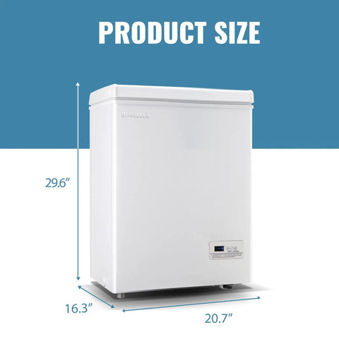 No Sweat Compact Chest Freezer With Dual Removable Baskets And Precision Digital Display To Keep Your Grocery Stash Rock Solid Cold In White Finish Quick Freeze Unit dimensions 29.6 inches high, 20.7 inches wide, 16.3 inches deep.