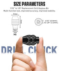 Person holding Pro Grade 15 Pc Drill Chuck Collet Set With Brass Collets and Nut Kit 0.8 to 3.2 mm, focus on drill keyless bit size parameters