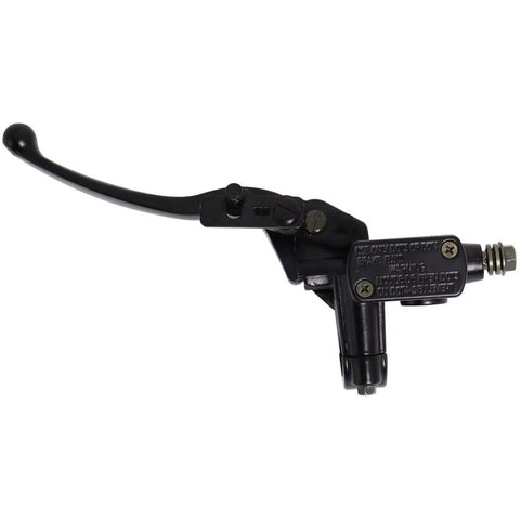 Universal Left Hydraulic Brake Master Cylinder For Seven Eighths Inch Handlebars On Moto ATV Pit Bike Dirt Bike GY6 Engine 50cc To 250cc With Durable Alloy Lever, shown in side view