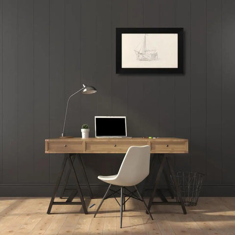 Sailboat On Land 1856 Framed Art Print 24x16 Inches In Black Modern Wood Frame on black wall above office desk scene