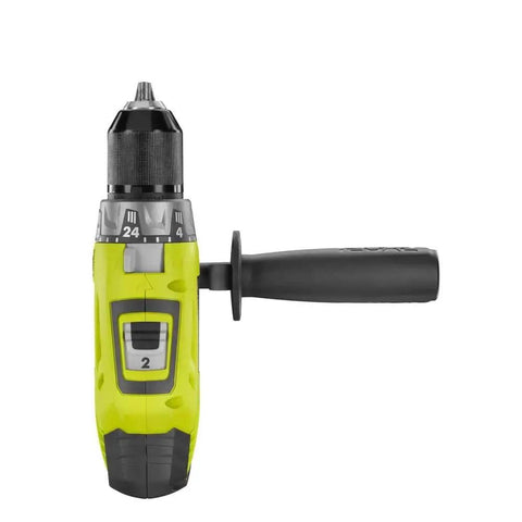 P214 One Plus 18V Hammer Drill And Driver With Half Inch Chuck front view showing two speed gearbox and 24 position clutch