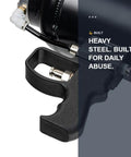 Close-up of Heavy Duty Pneumatic Strap Launcher For Flatbed Trucks showing heavy steel handle and quick connect fitting.