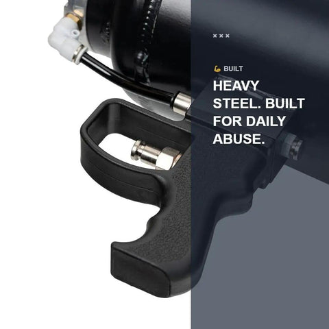 Close-up of Heavy Duty Pneumatic Strap Launcher For Flatbed Trucks showing heavy steel handle and quick connect fitting.