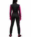 Go Kart Racing Suit with Water Resistant Digital Print in black and pink, shown from the back, breathable pro grade fabric for all ages.