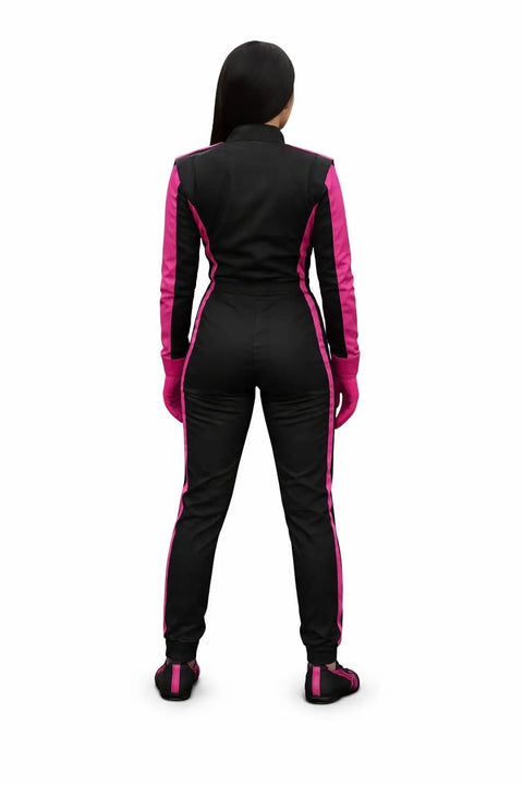 Go Kart Racing Suit with Water Resistant Digital Print in black and pink, shown from the back, breathable pro grade fabric for all ages.