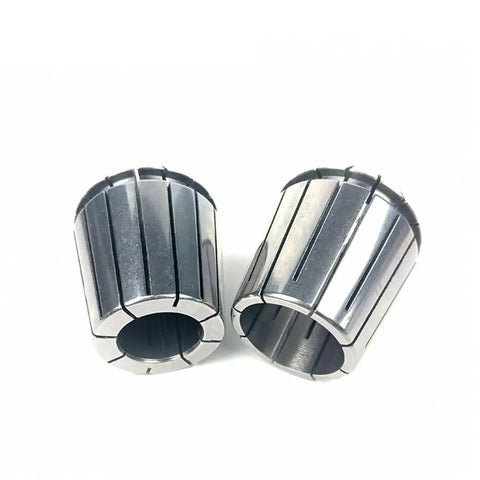 Rock Solid 35Pc ER40 Chuck Collet Set For CNC Lathes Covers 1mm To 32mm Sizes with two steel collets showcasing precision design.