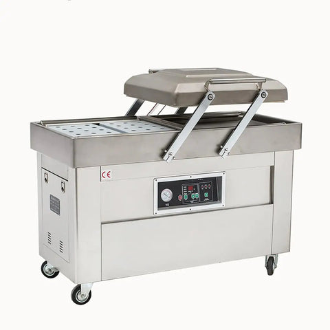 Dual Chamber Food Vacuum Sealer, Stainless Steel Double Chamber Packaging System with open lid and digital controls.