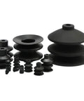 Heavy Duty Khaki Pneumatic Vacuum Sucker Nozzle For Industrial Manipulator Robotics. Various sizes of black rubber suction cups.