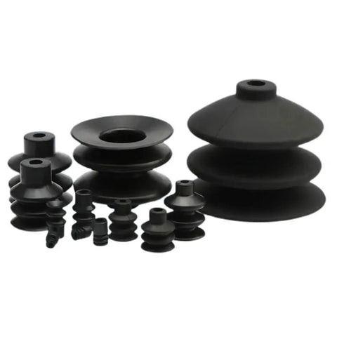 Heavy Duty Khaki Pneumatic Vacuum Sucker Nozzle For Industrial Manipulator Robotics. Various sizes of black rubber suction cups.