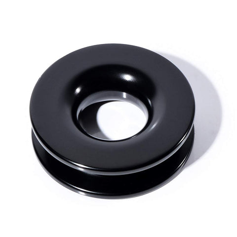 Black aluminum snatch recovery ring from 4 Pack 1/2 Inch Synthetic Soft Shackle Rope With Protective Sleeve 38,000 Lbs Capacity.