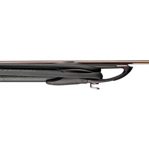 Close-up of Metal Speargun For Spearfishing And Underwater Hunting With Anodized Aluminum Barrel And Enclosed Track Double 14mm Elastics.