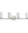 Four Light Etched White Glass Modern Bathroom Vanity Light Replay Collection Brushed Nickel Finish For Coastal Contemporary Baths Perfect For Master Powder Rooms Elevating Your Space With Soft Even Illumination