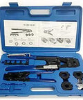 Pro Grade Pex Crimp Tool Kit with four interchangeable jaws in blue case, F1807 standard, includes ring removal tool and gauge.