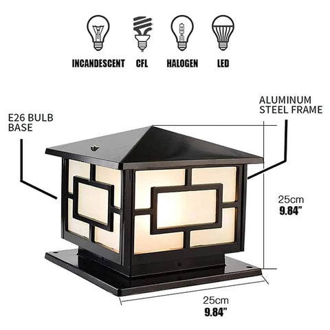 Outdoor Pillar Lights Modern Rustic Aluminum Post Lights, 250mm size, IP65 waterproof, E26 base, glass shade, black finish