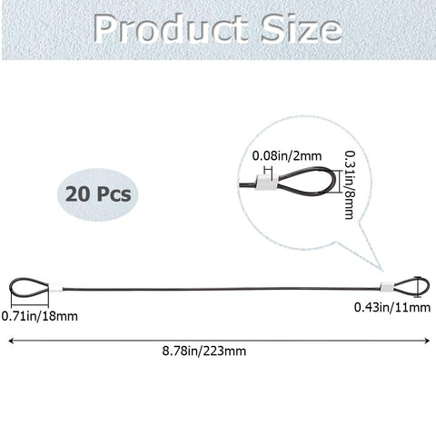 20 Pack 9 Inch Stainless Steel Wire Rope Lanyards With Rubber Coated Braided Cable Locks 5mm Thick Tether Safety Straps size diagram