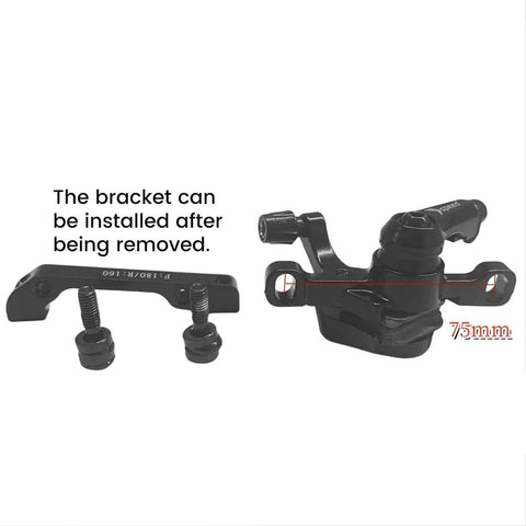 Rock Solid Mechanical Disc Brake Set For Mountain Bikes Featuring Steel Rotor And Caliper Piston With Killer Grip And Sick Stopping Power For Trail Sessions, showing black bracket and caliper.