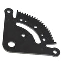 Front view of a black steering sector gear plate part of the Steering Sector Gear And Pinion Gear Kit Replacement For John Deere D Series Lawn Tractors Replaces D130 D140 D150 D160 D170 1GXD110E With Beefed Up Durable Steel And Rust Resistant Coating For Smooth Responsive Steering