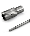 Angled view of a steel 1-inch annular cutter with helical flutes and a Weldon shank drill bit beside it