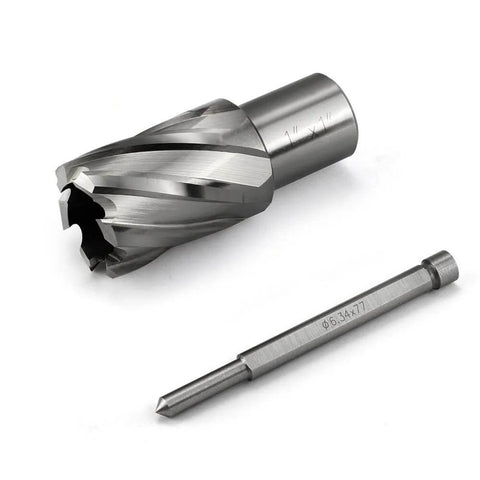 Angled view of a steel 1-inch annular cutter with helical flutes and a Weldon shank drill bit beside it
