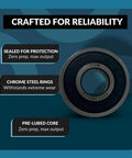 Four Pack 6201-2RS Chrome Steel Sealed Ball Bearings with rubber seals, 12x32x10mm, featuring durability and high RPM performance