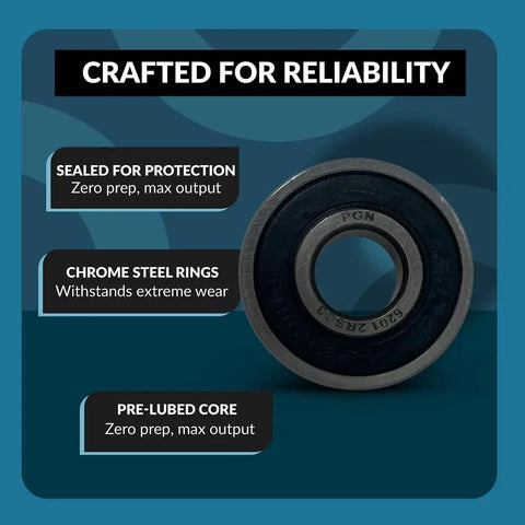 Four Pack 6201-2RS Chrome Steel Sealed Ball Bearings with rubber seals, 12x32x10mm, featuring durability and high RPM performance