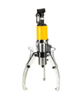 Auto Shop Essential 5 Ton Mini Hydraulic Gear Puller Kit With Rock Solid Three Prong Jaw Design showing yellow hydraulic ram and polished steel arms.
