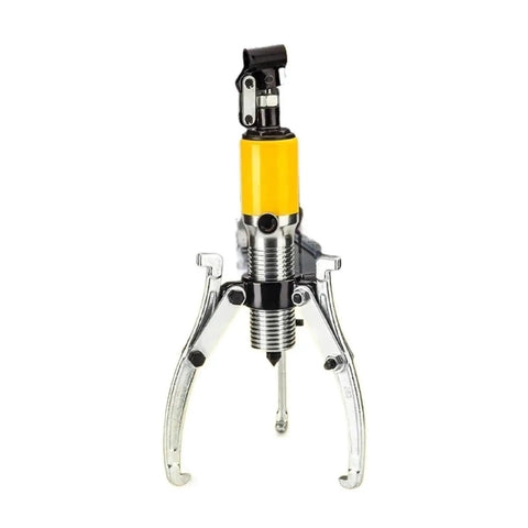 Heavy Duty Five Ton Hydraulic Gear Puller With Three Prong Design For Smooth Wheel Bearing And Hub Extraction, yellow and silver metal construction.