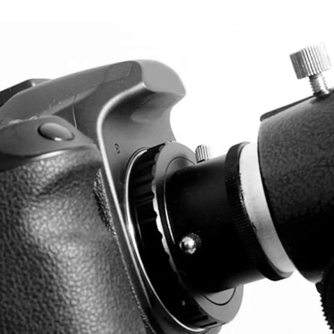Close-up of rugged aluminum M48 0.75 telescope adapter ring for camera attached to DSLR for astrophotography
