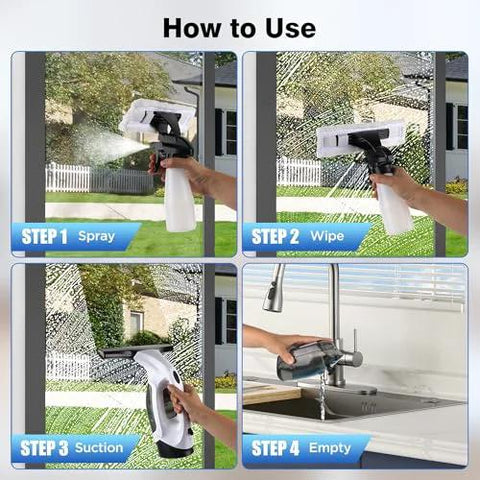 ZRHI cordless window vacuum squeegee in black with four-step usage panels showing spray, wipe, suction, and empty.