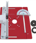 Badass Heavy Duty Aluminum Router Table Insert With Miter Gauge For Precision Woodworking Plows Through Tough Cuts Delivers Top Notch Accuracy Shop Grade Stability In Bright Red, showing detailed features and accessories.