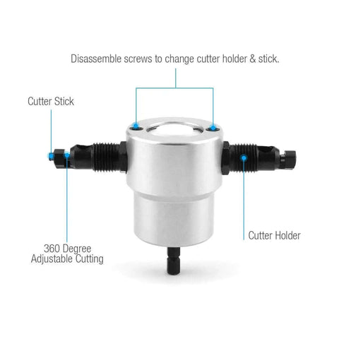 Double Head Sheet Metal Nibbler Cutter Drill Attachment For Straight And Curved Cuts, showing cutter stick and holder, 360 degree adjustable