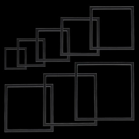 Top Shelf Set Of Eight Square Router Templates For Woodworking Projects Tough Clear Acrylic Tracing Jigs From Two Point Nine To Eight Inches arranged in layered display on a black background.
