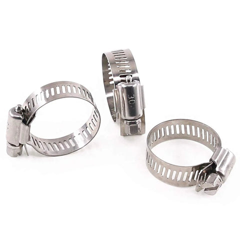 Set of three 304 stainless steel worm-gear hose clamps, adjustable 18-32mm range.