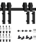 8Ft Bypass Sliding Barn Door Hardware Kit For Low Ceiling And Double Doors, Heavy Duty Carbon Steel Track System With Quiet Smooth Rolling Rollers, Overlapping Tracks, Supports Up To 200 Lbs, Corrosion Resistant with detailed components.