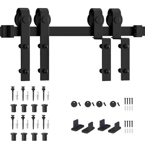 8Ft Bypass Sliding Barn Door Hardware Kit For Low Ceiling And Double Doors, Heavy Duty Carbon Steel Track System With Quiet Smooth Rolling Rollers, Overlapping Tracks, Supports Up To 200 Lbs, Corrosion Resistant with detailed components.