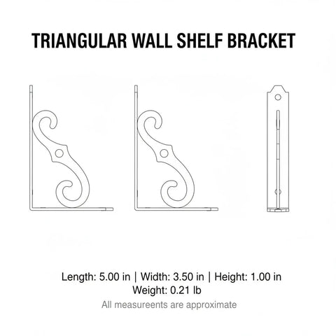 Line drawing of Triangular Carbon Steel Wall Shelf Bracket For Floating Shelves Heavy Duty Industrial Grade Support, dimensions listed.