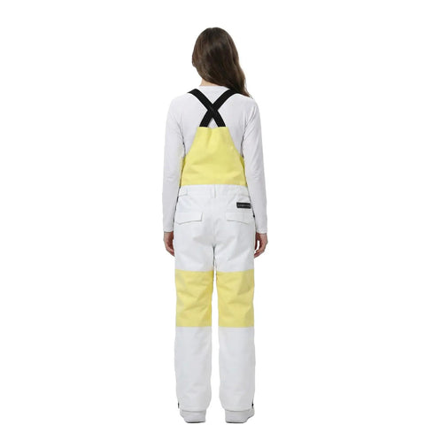 Back view of yellow and white Waterproof Insulated Ski Bibs For Men And Women, Windproof Adjustable Snow Overalls For Snowboarding And Snowmobile